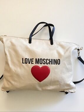 Love Moschino Cream Canvas Tote with Black Handles and Red Heart